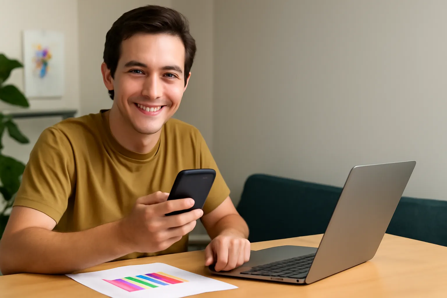 Joven revisando su móvil frente al portátil con gráfico de tarifas móviles en su escritorio