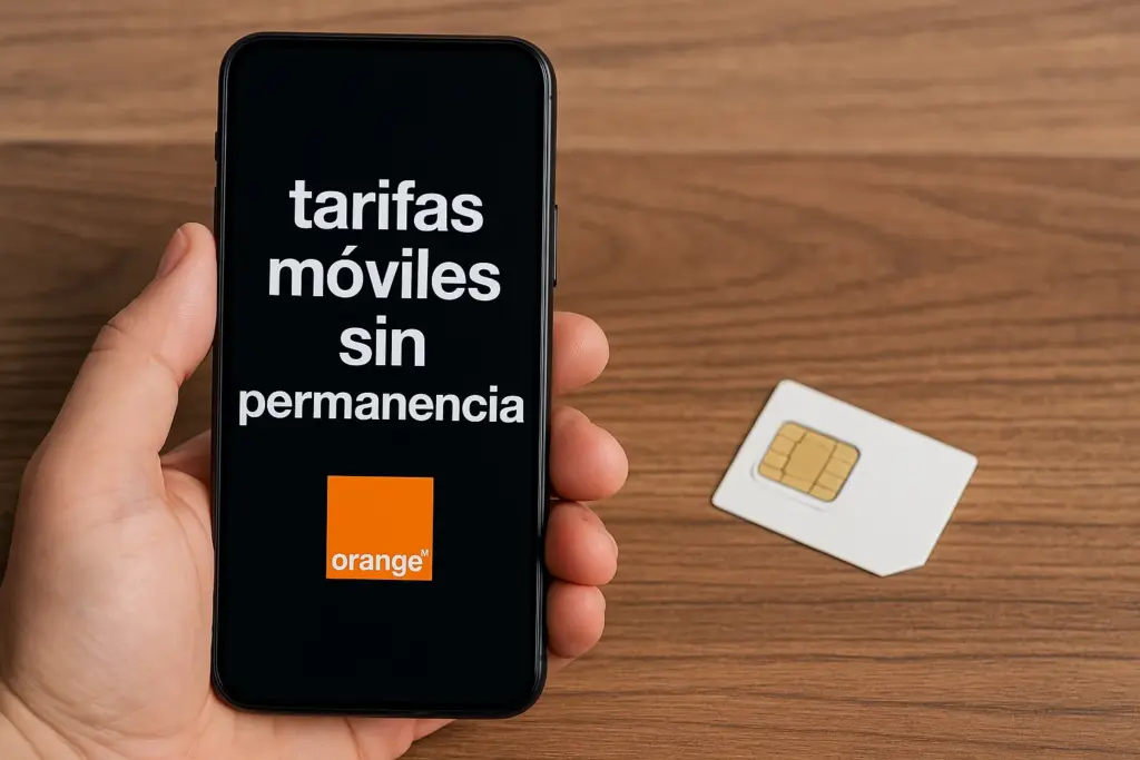 Mano sosteniendo móvil con texto de tarifas sin permanencia y logo de Orange en fondo negro.
