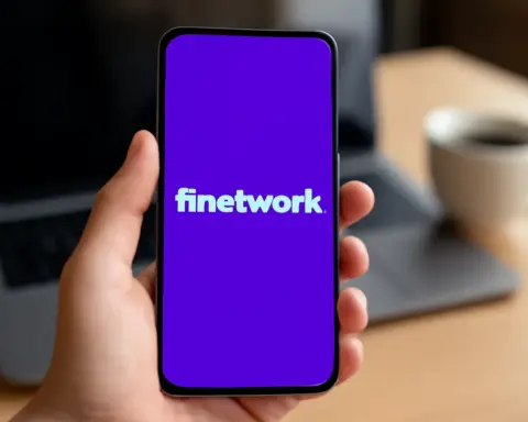 Mano sosteniendo móvil con fondo morado y la palabra "Finetwork" en blanco centrada en pantalla