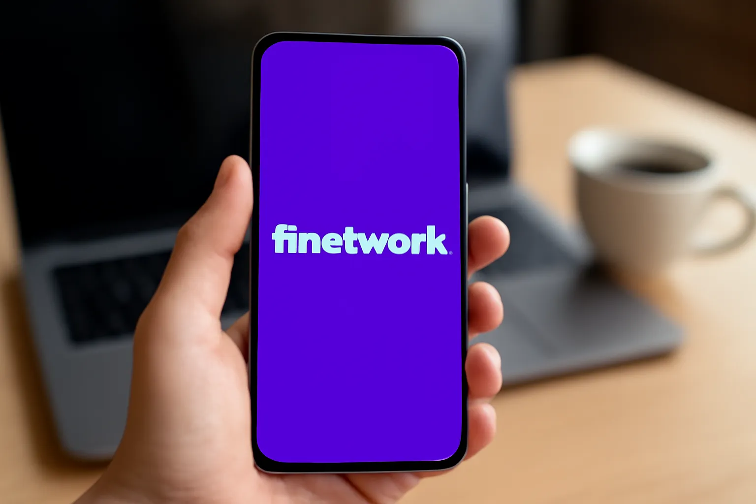 Mano sosteniendo móvil con fondo morado y la palabra "Finetwork" en blanco centrada en pantalla