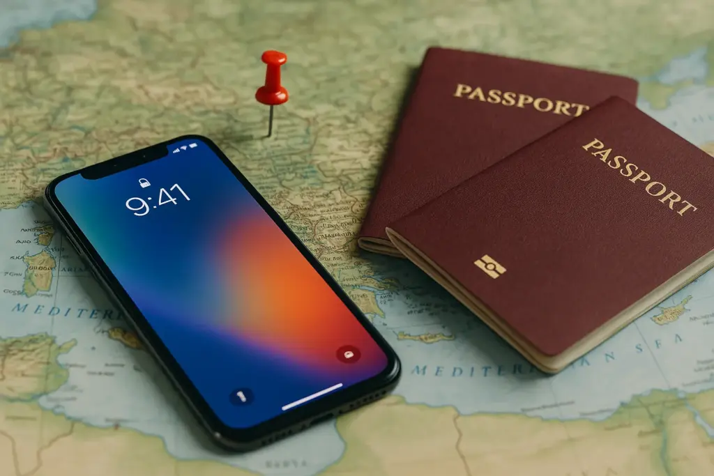 Móvil con fondo de iPhone, mapa y pasaportes sobre mesa listos para viajar