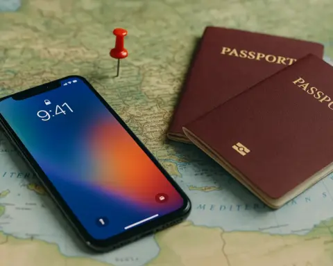 Móvil con fondo de iPhone, mapa y pasaportes sobre mesa listos para viajar