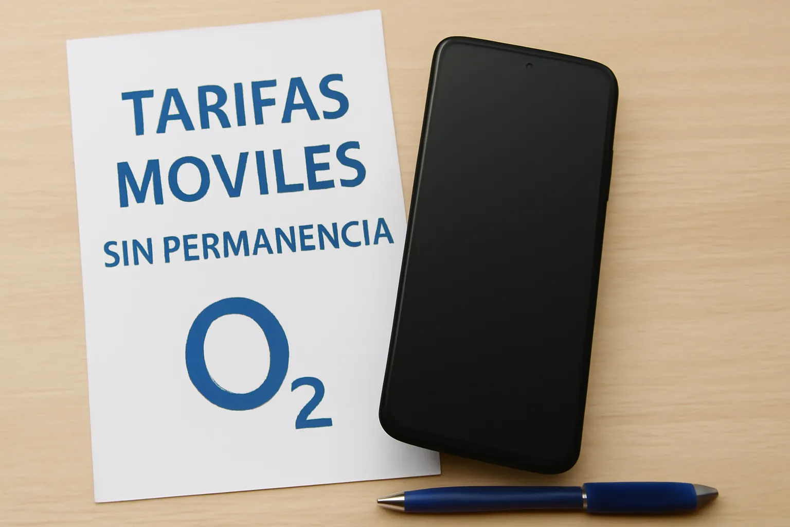 Móvil y cartel sobre madera con texto “TARIFAS MÓVILES SIN PERMANENCIA O2”, sin mano visible