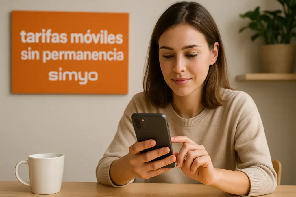 Mujer consultando su móvil frente a cartel con tarifas móviles Simyo sin permanencia.