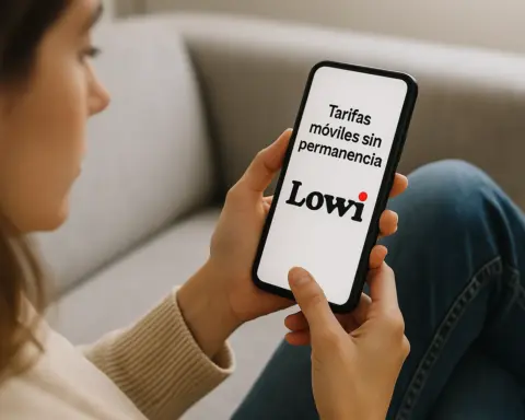 Mujer consultando tarifas móviles sin permanencia en su smartphone con logo de Lowi visible