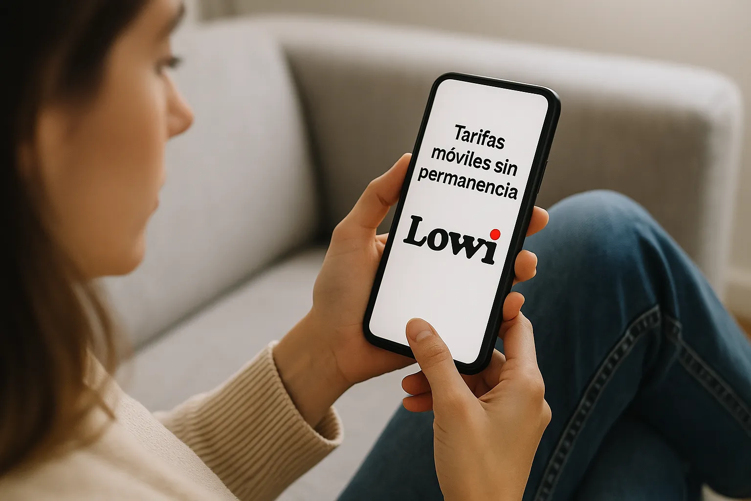 Mujer consultando tarifas móviles sin permanencia en su smartphone con logo de Lowi visible