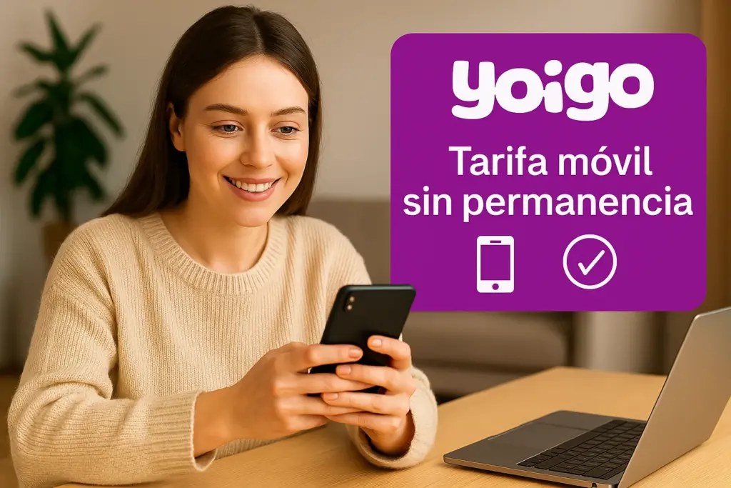 Mujer joven contratando tarifa móvil sin permanencia de Yoigo desde casa con el móvil