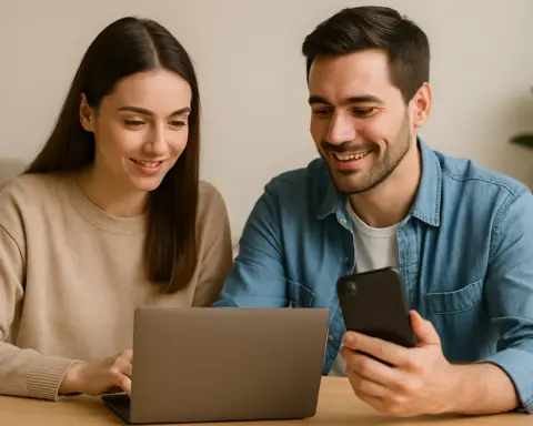 Pareja contratando fibra y dos líneas móviles sin permanencia.