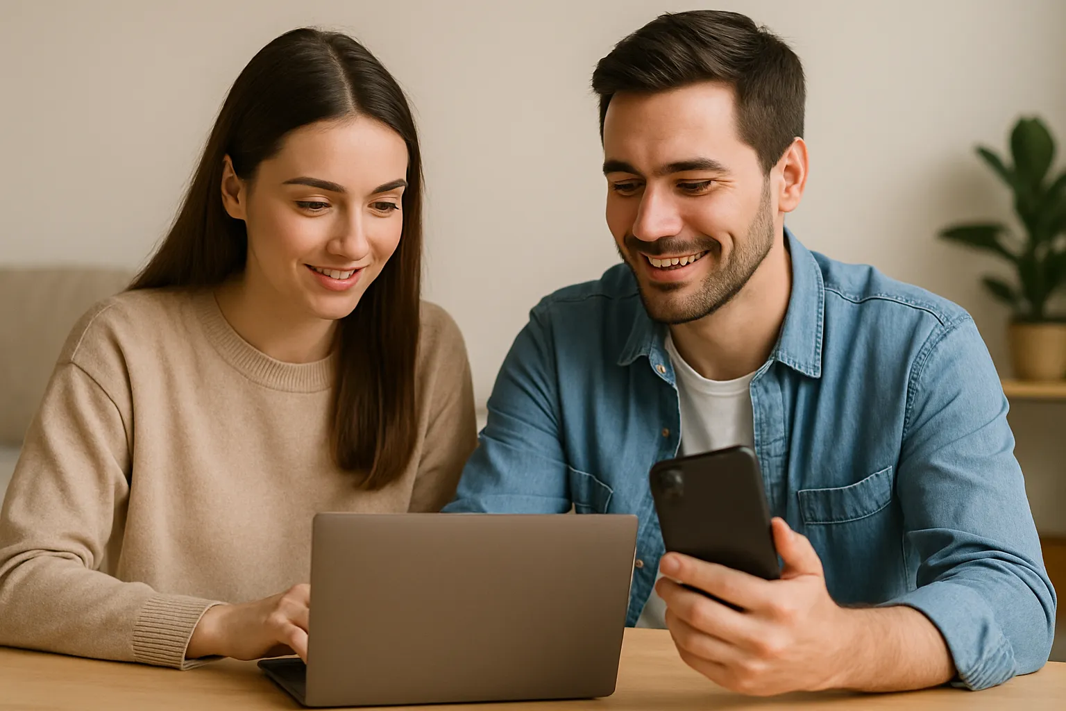 Pareja contratando fibra y dos líneas móviles sin permanencia.
