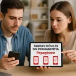 Pareja comparando tarifas móviles Pepephone sin permanencia en tablet y móvil