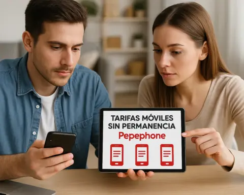 Pareja comparando tarifas móviles Pepephone sin permanencia en tablet y móvil