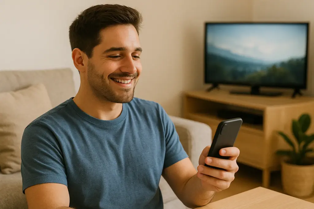 Persona disfrutando de fibra, móvil y TV sin permanencia en casa.