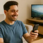 Persona disfrutando de fibra, móvil y TV sin permanencia en casa.
