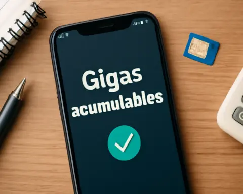 Smartphone sobre escritorio con el texto “Gigas acumulables” en pantalla y elementos de oficina