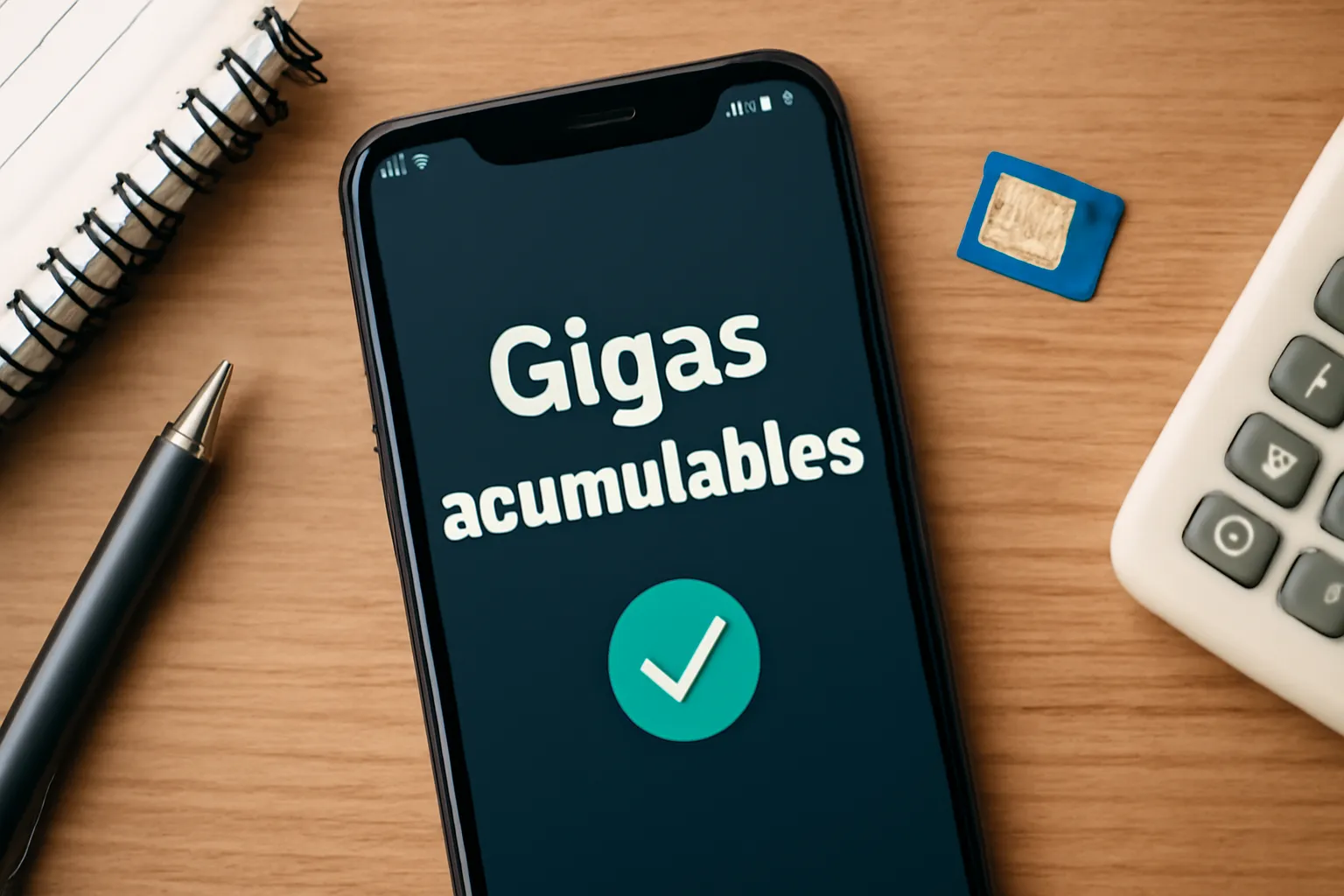 Smartphone sobre escritorio con el texto “Gigas acumulables” en pantalla y elementos de oficina
