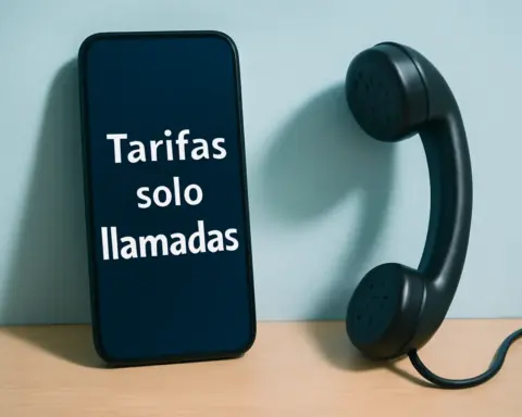 Smartphone con texto “Tarifas solo llamadas” junto a un auricular clásico sobre fondo azul