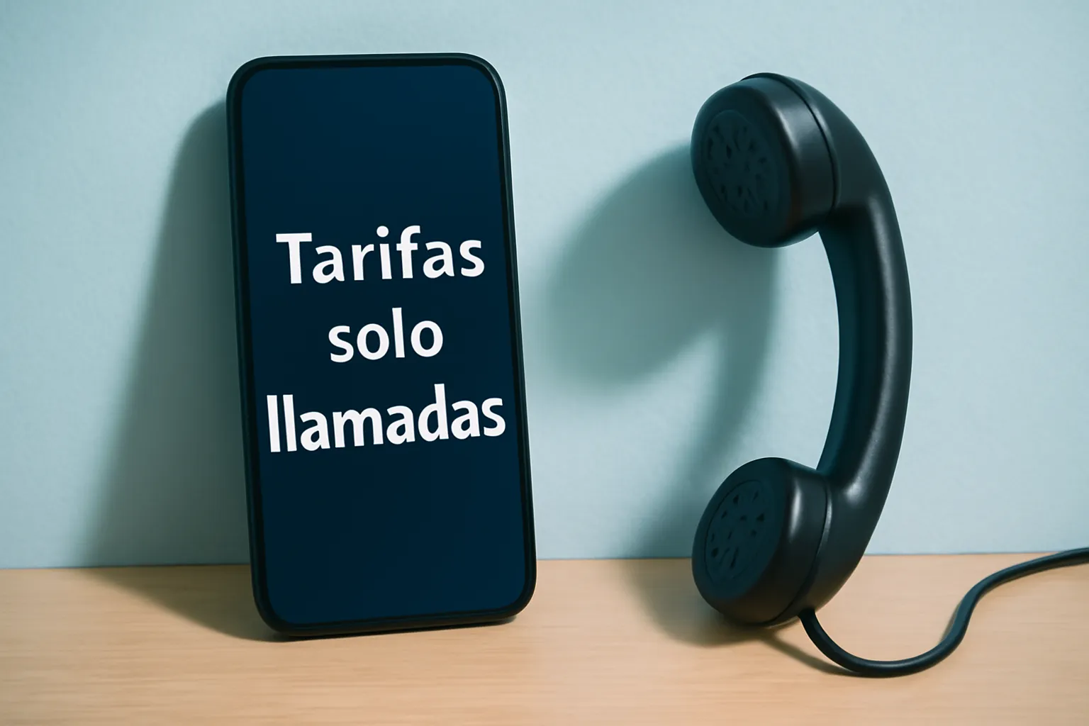 Smartphone con texto “Tarifas solo llamadas” junto a un auricular clásico sobre fondo azul