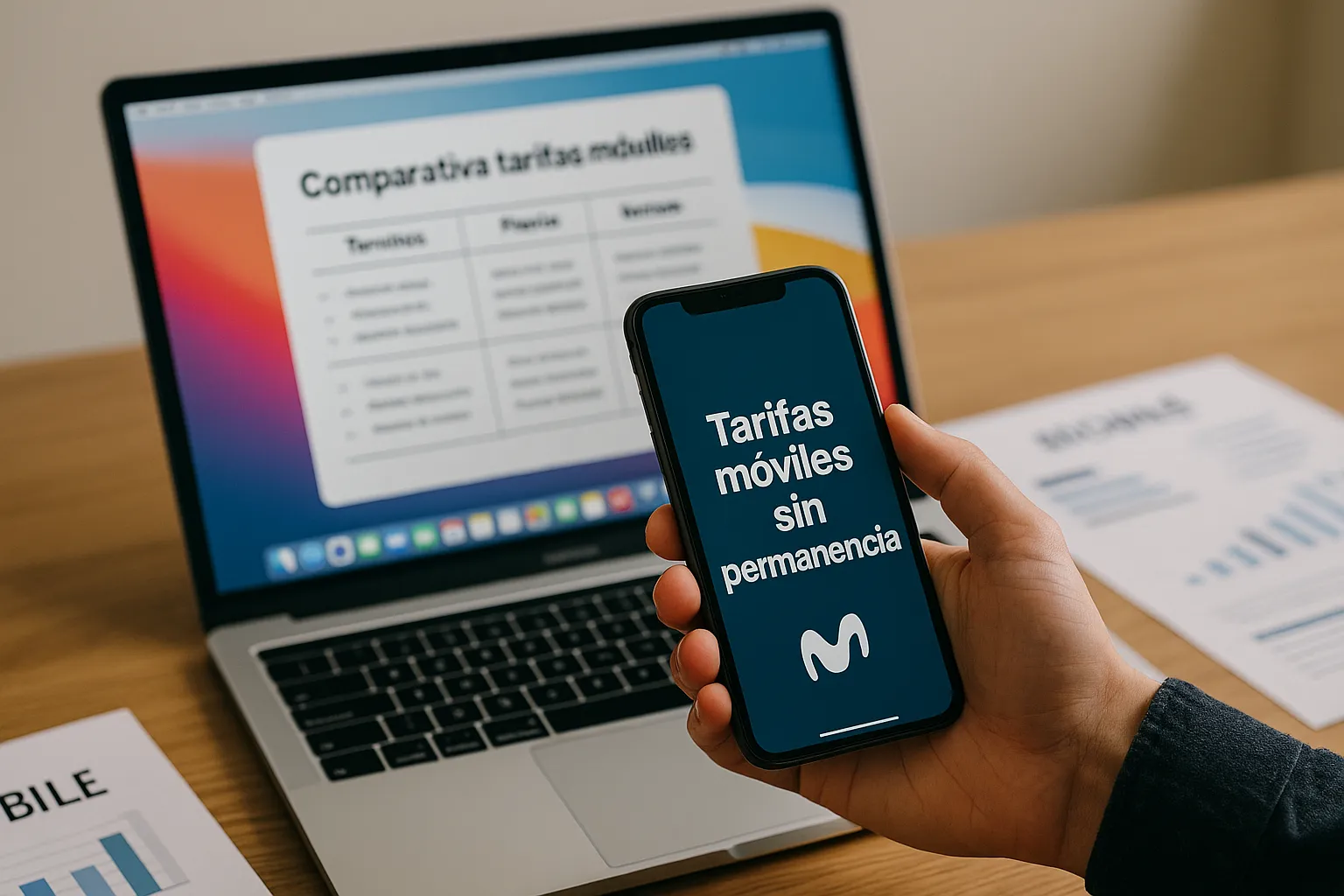 Smartphone con oferta sin permanencia y fondo de Mac en portátil