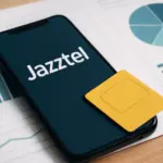 Smartphone con pantalla que muestra la palabra “Jazztel” y una tarjeta SIM amarilla sobre gráficos.