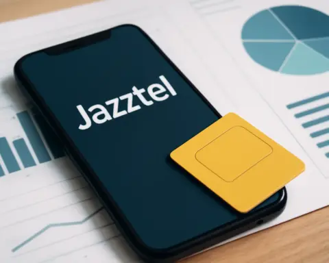 Smartphone con pantalla que muestra la palabra “Jazztel” y una tarjeta SIM amarilla sobre gráficos.