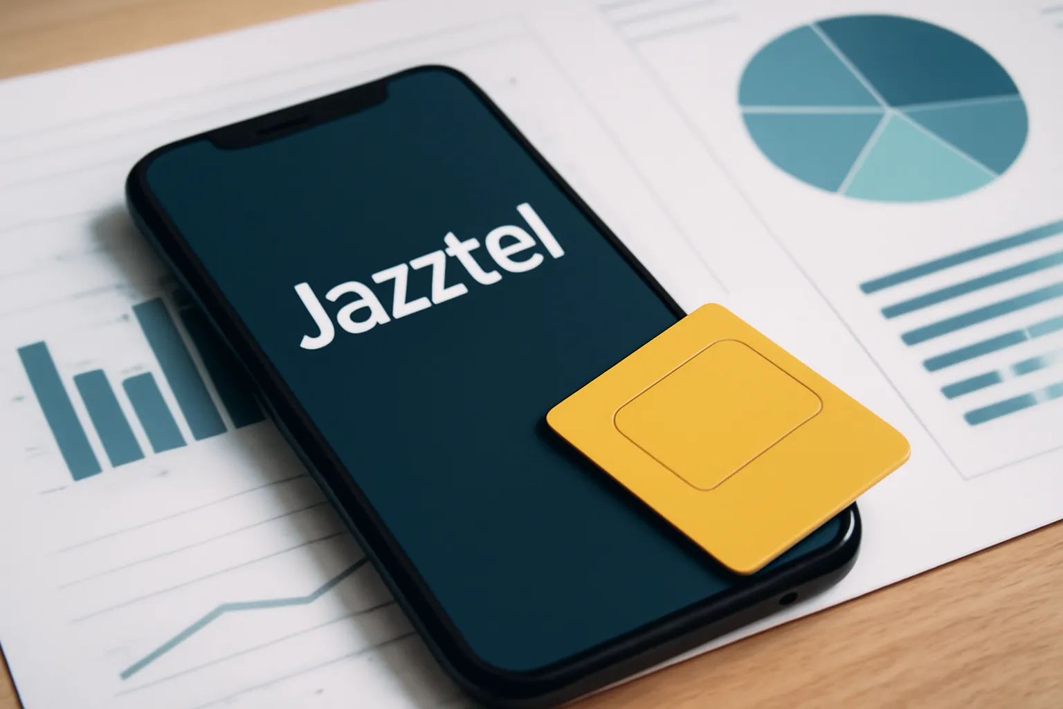 Smartphone con pantalla que muestra la palabra “Jazztel” y una tarjeta SIM amarilla sobre gráficos.