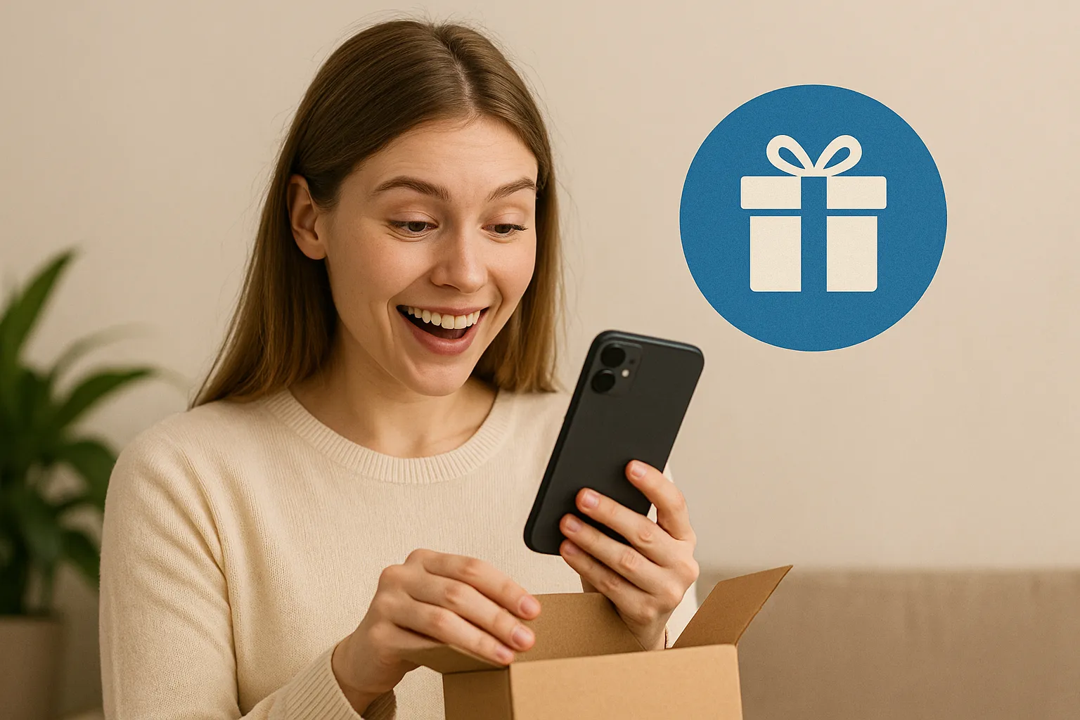 Persona recibiendo móvil incluido en tarifa sin permanencia.