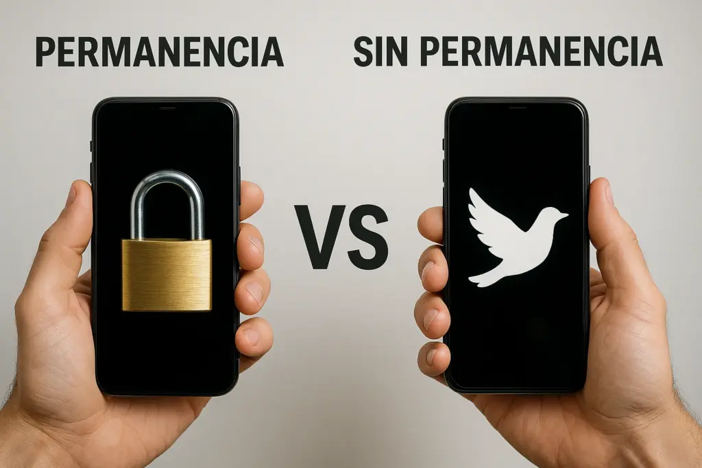 Teléfonos móviles con candado y paloma para contrastar permanencia y libertad.