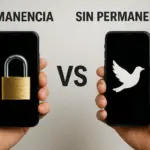 Teléfonos móviles con candado y paloma para contrastar permanencia y libertad.