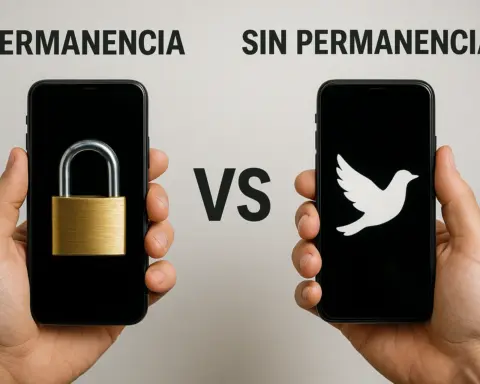 Teléfonos móviles con candado y paloma para contrastar permanencia y libertad.