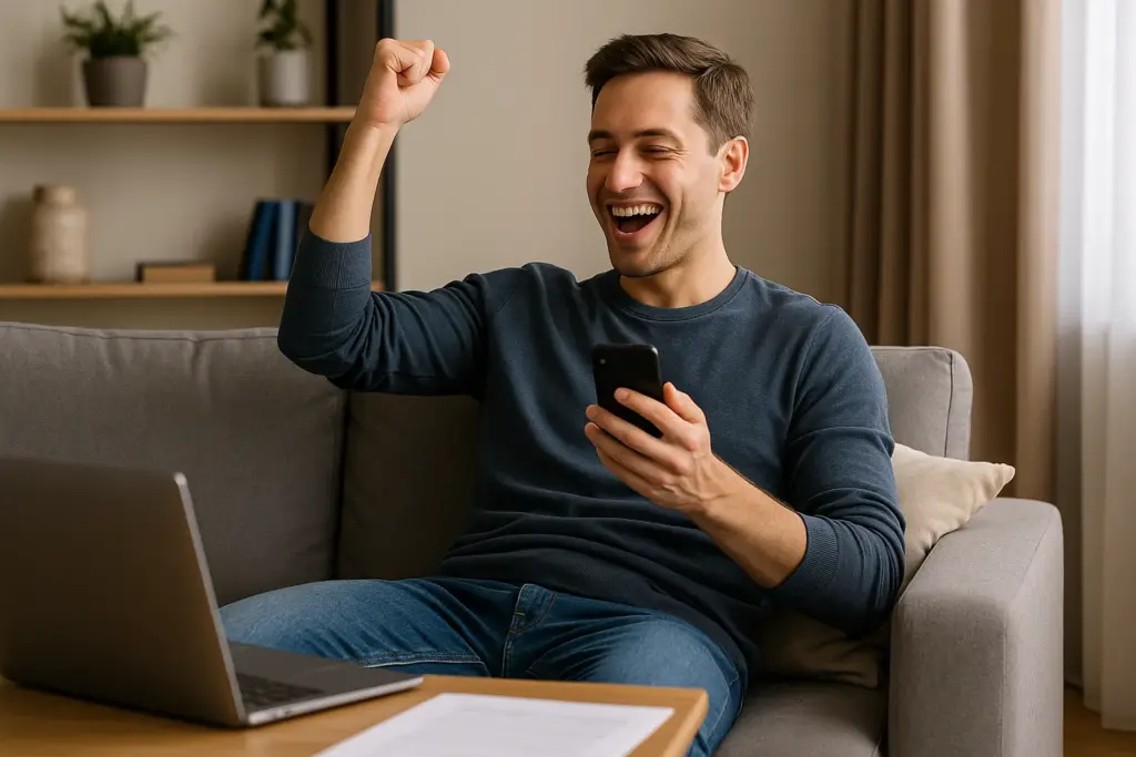 Persona feliz con smartphone, simbolizando la libertad de tarifas sin permanencia