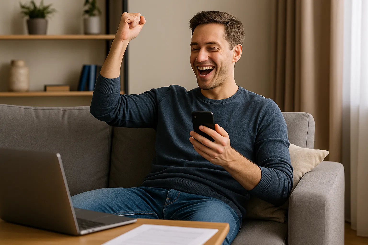 Persona feliz con smartphone, simbolizando la libertad de tarifas sin permanencia